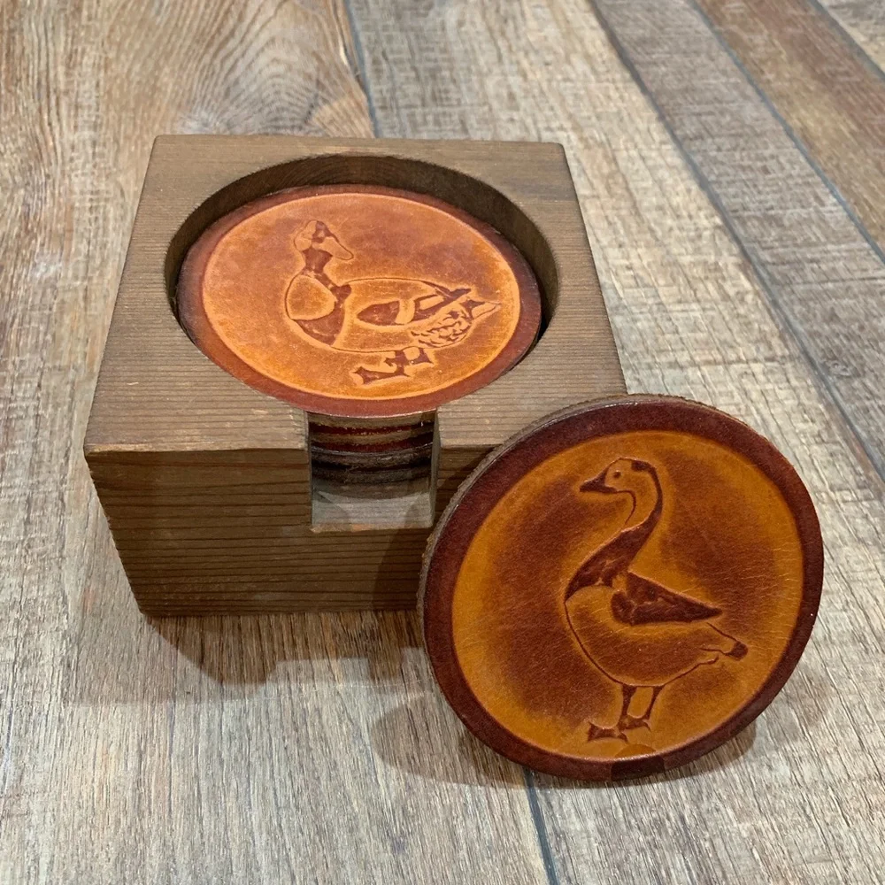Vintage Fish Enterprises Leather Bird Embossed Drink Coasters Duck Mallard Bar